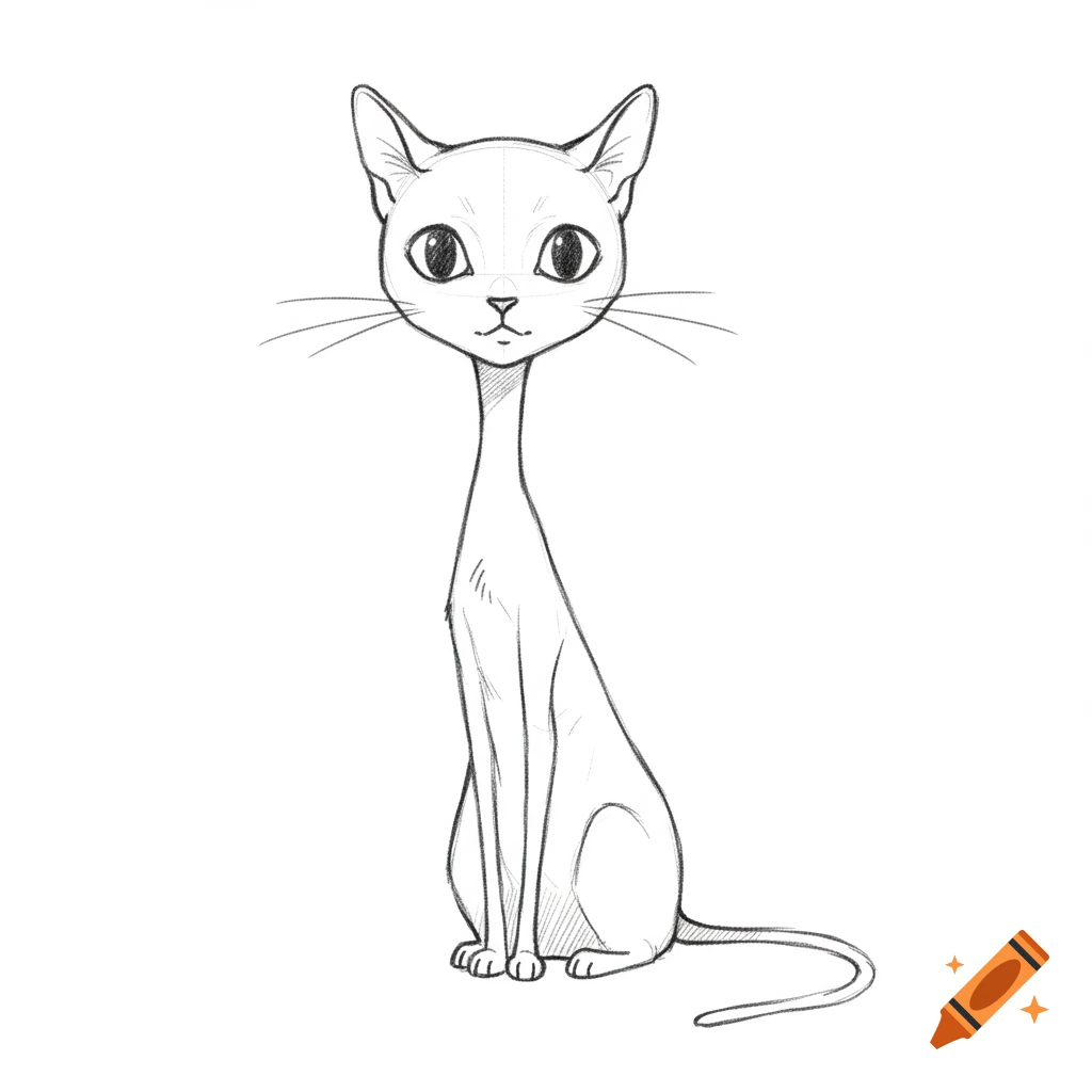 Pencil sketch of a thin cartoon cat sitting and looking forward.