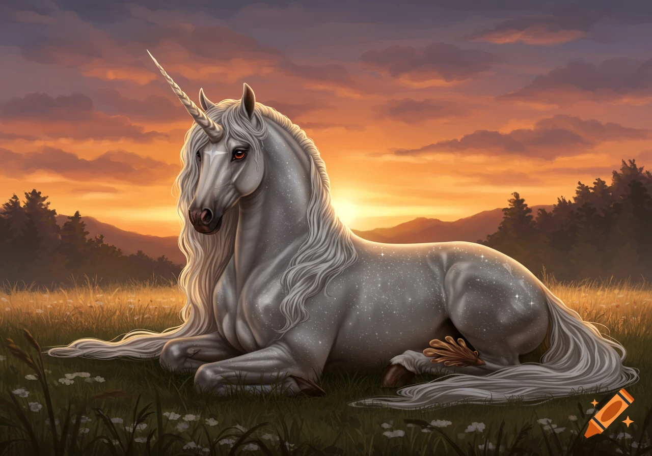 A white unicorn with a starry coat rests in a grassy meadow at sunset.