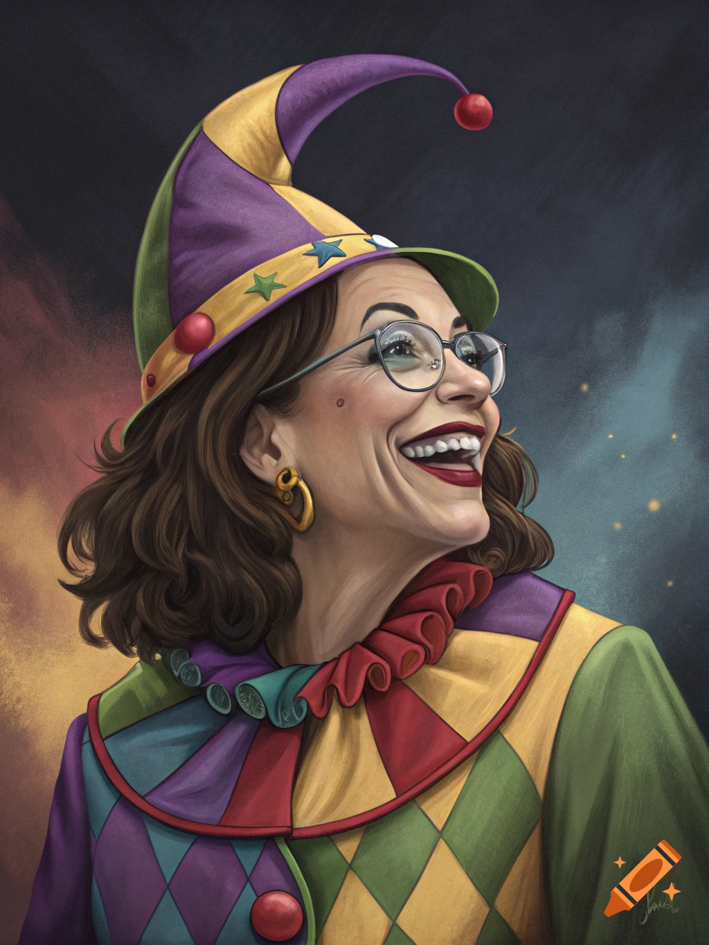 Painterly portrait of a woman resembling Kamala Harris in a colorful jester costume.