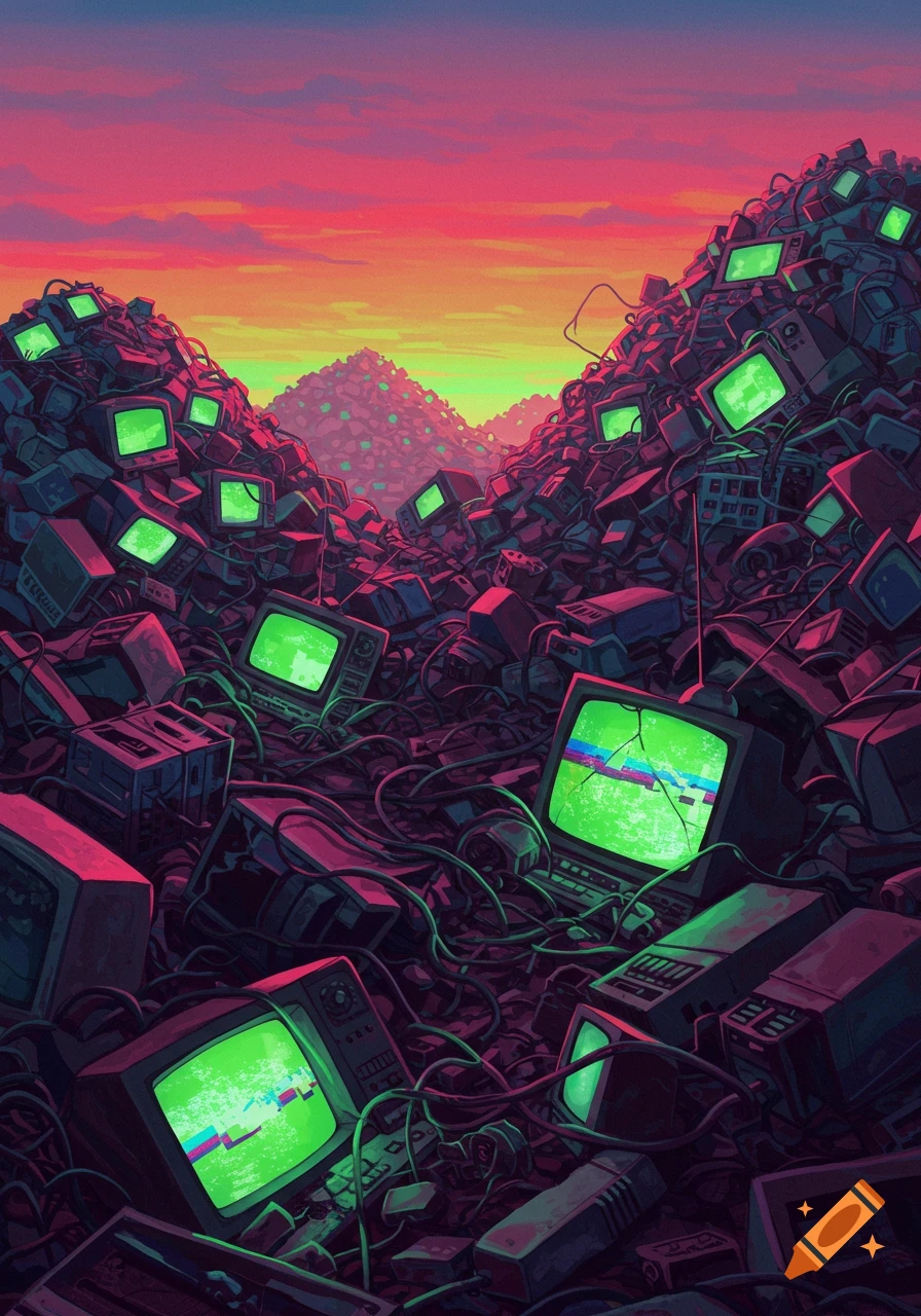 Pile of retro TVs and electronics under a vibrant sunset sky, stylized art
