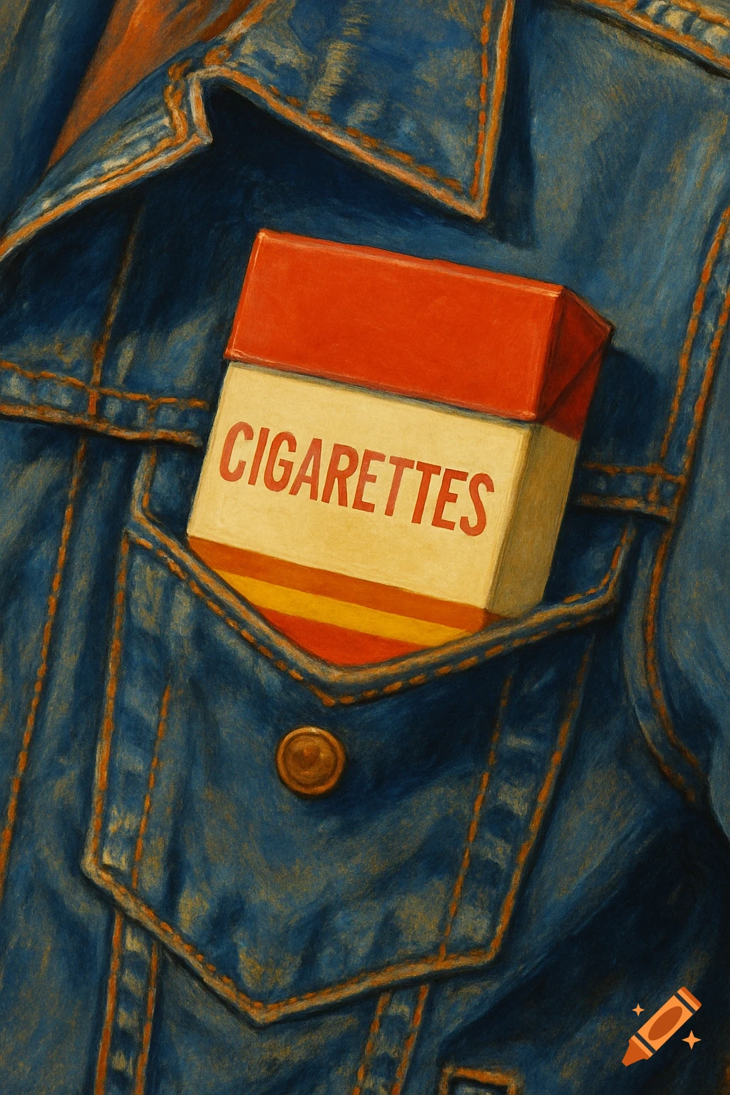A pack of cigarettes tucked into a jean jacket pocket, rendered in a textured, painterly style.