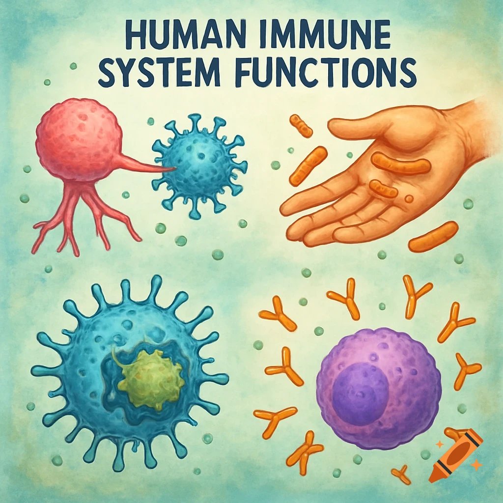 Medical illustration showing components of the human immune system, including cells, antibodies, and a hand, with title text.