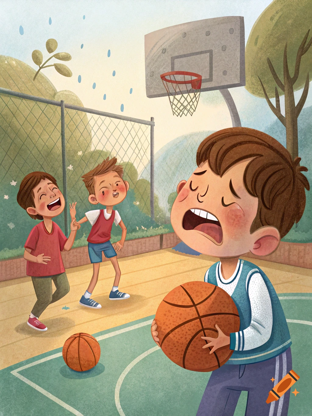 Cartoon illustration of kids playing basketball, one is crying while others laugh.