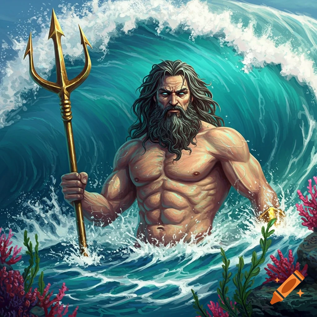Illustration of Poseidon emerging from a large wave, holding a trident.