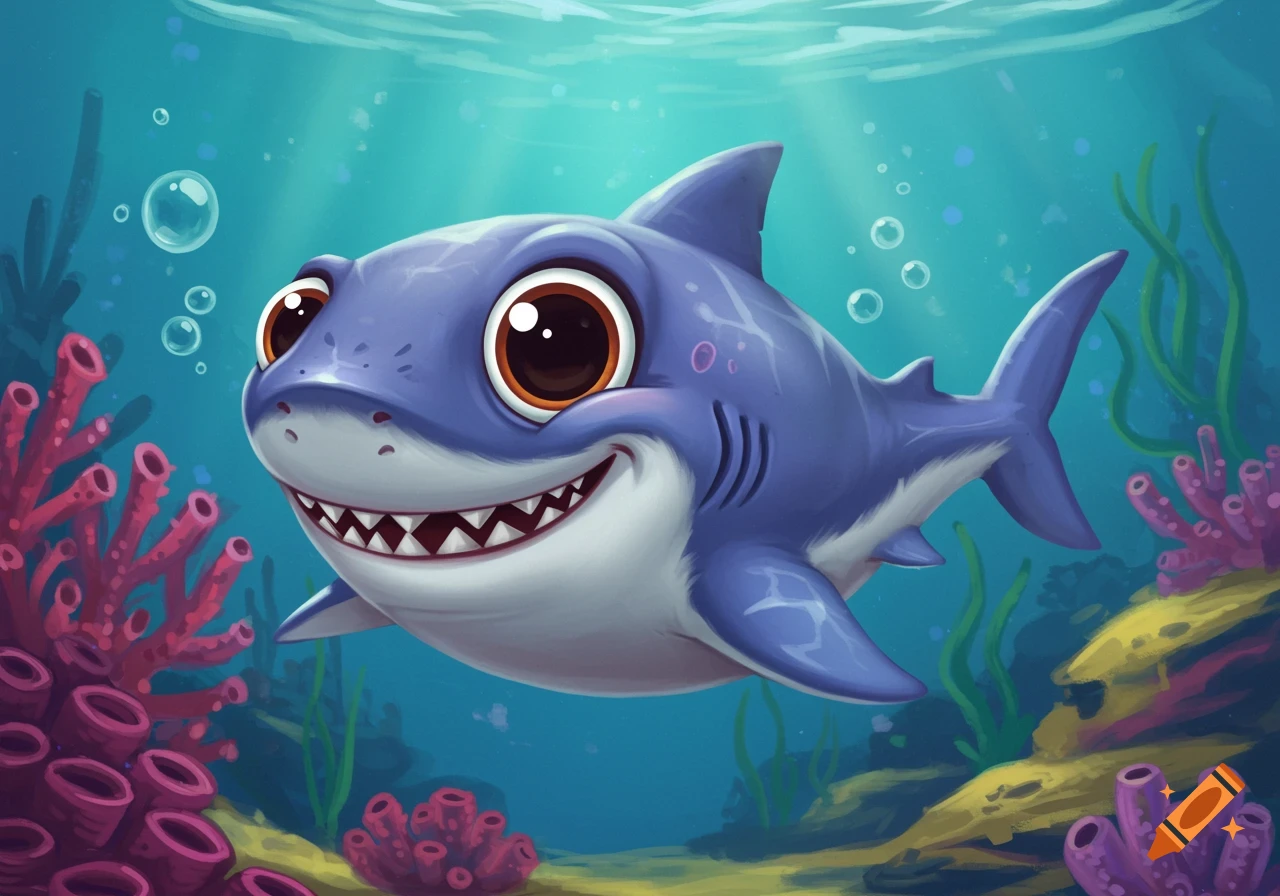 A cute cartoon baby shark with big eyes smiles while swimming underwater among coral.
