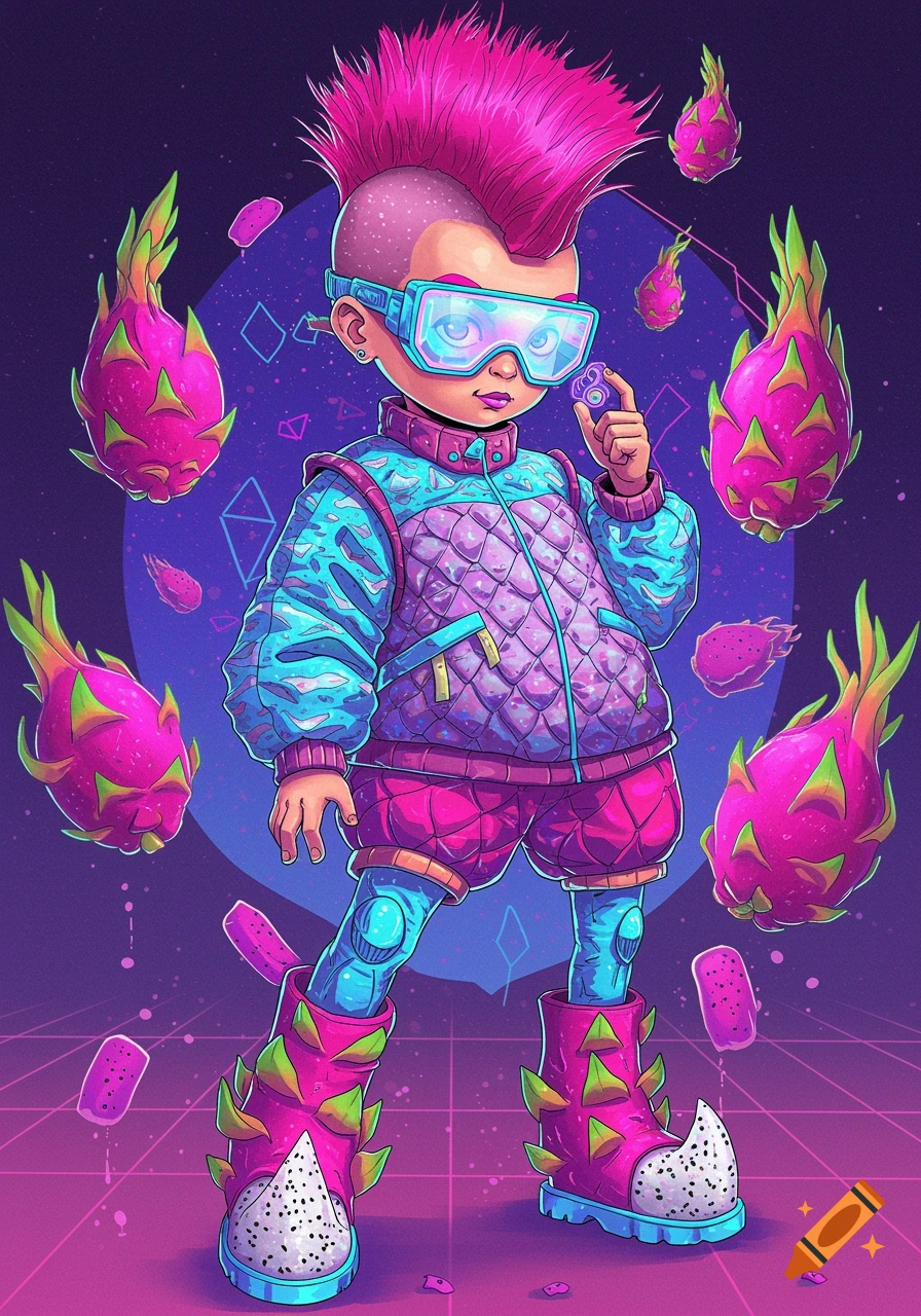 A child with a pink mohawk, goggles, and dragon fruit-themed fashion in a synthwave style.