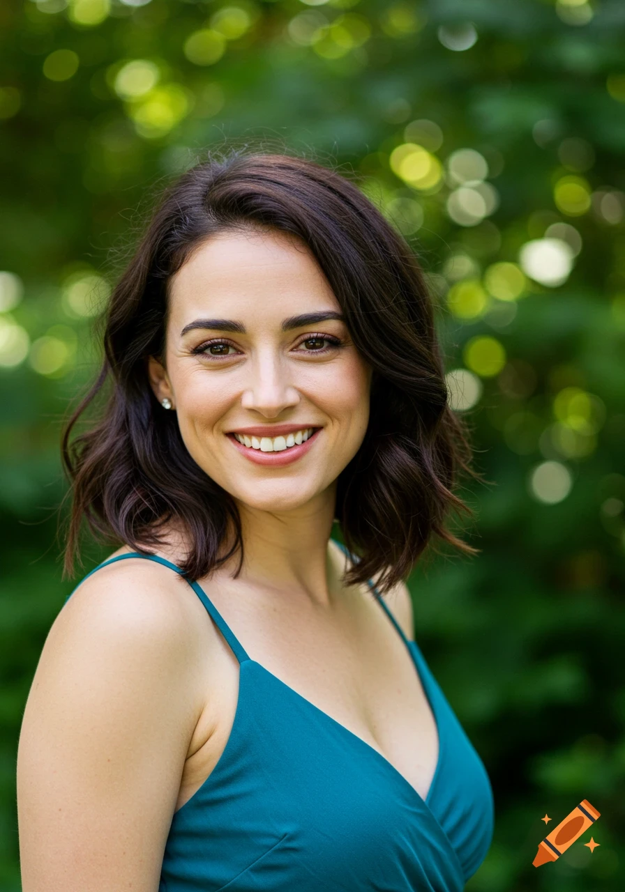 A woman with a warm smile wears a teal dress outdoors.