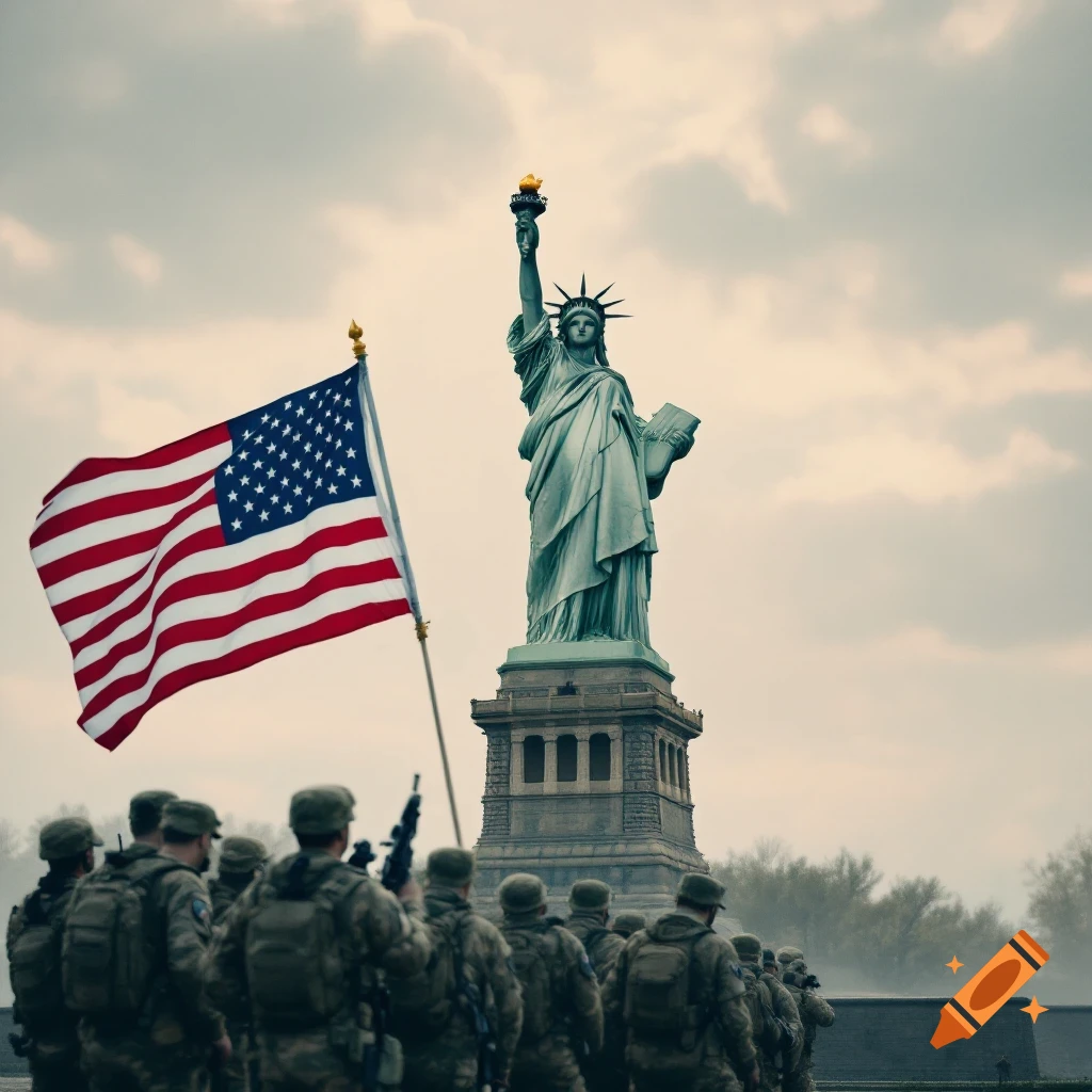 US soldiers carry a flag past the Statue of Liberty under an overcast sky