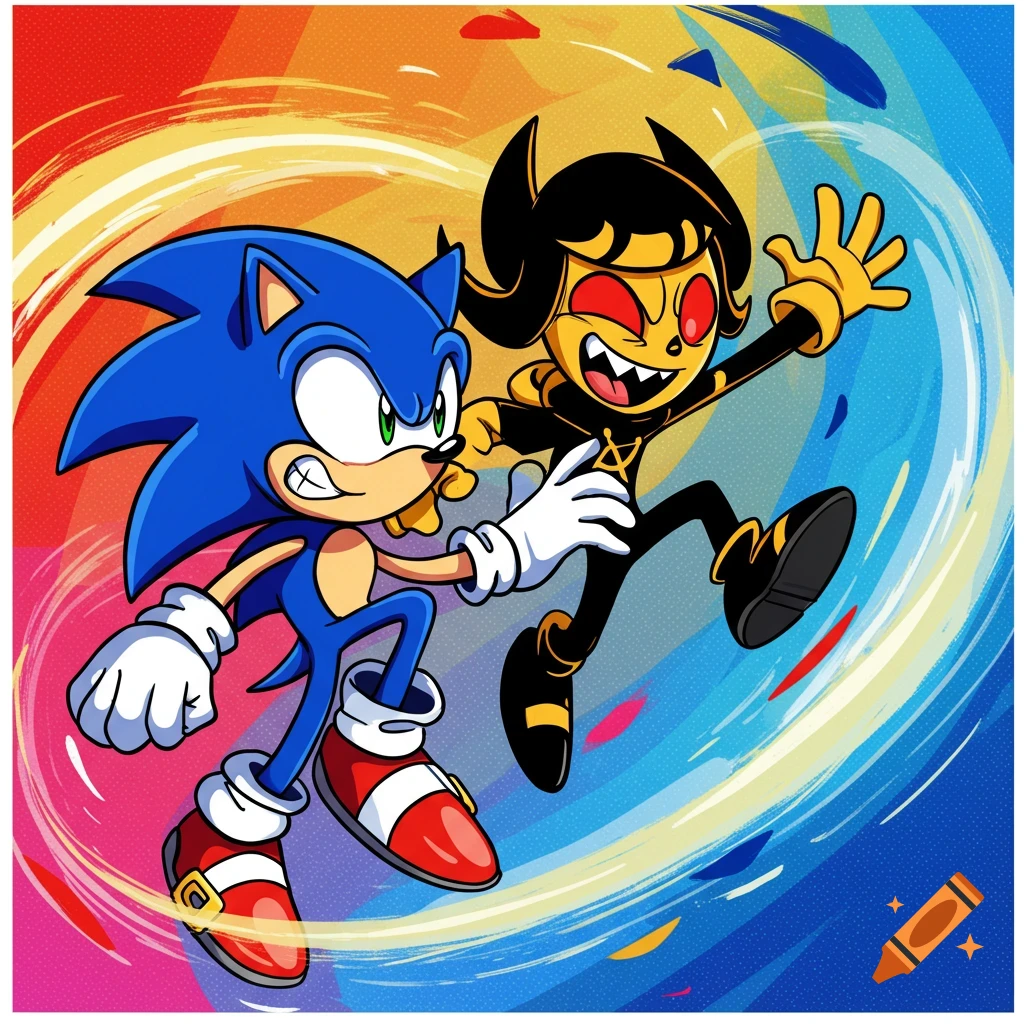 Sonic and another character in a dynamic pose against a colorful swirling background.