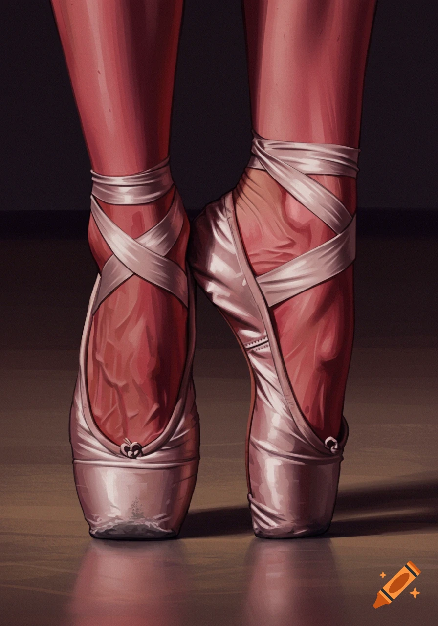 Close-up illustration of a ballerina's feet in pointe shoes, showing muscular legs and prominent veins after exercise.