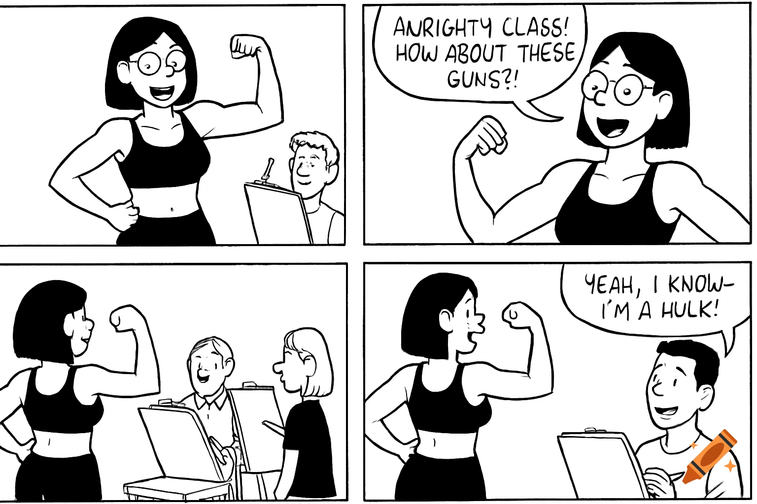 Four-panel black and white comic strip of a woman flexing her bicep for an art class.