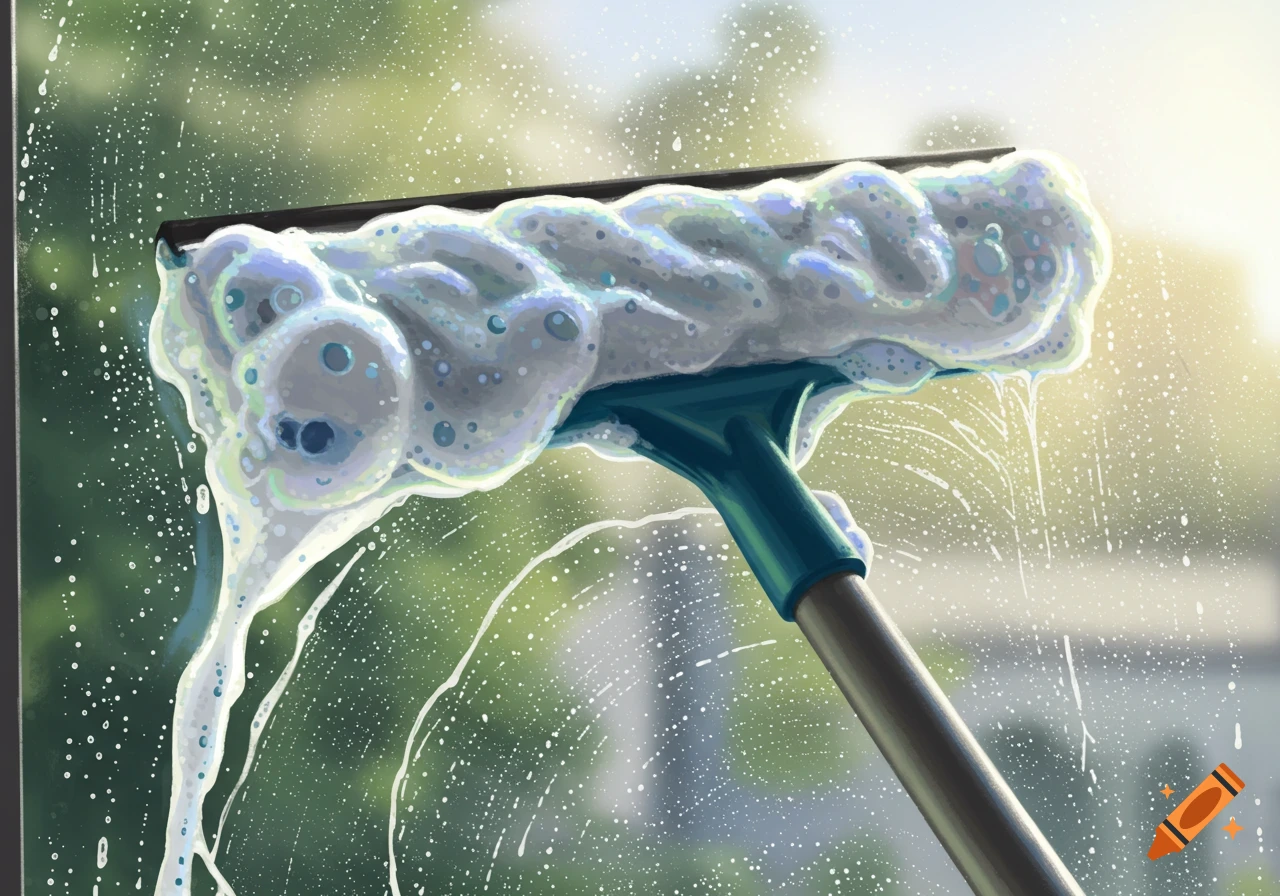 A squeegee covered in suds cleans a window, digital painting.