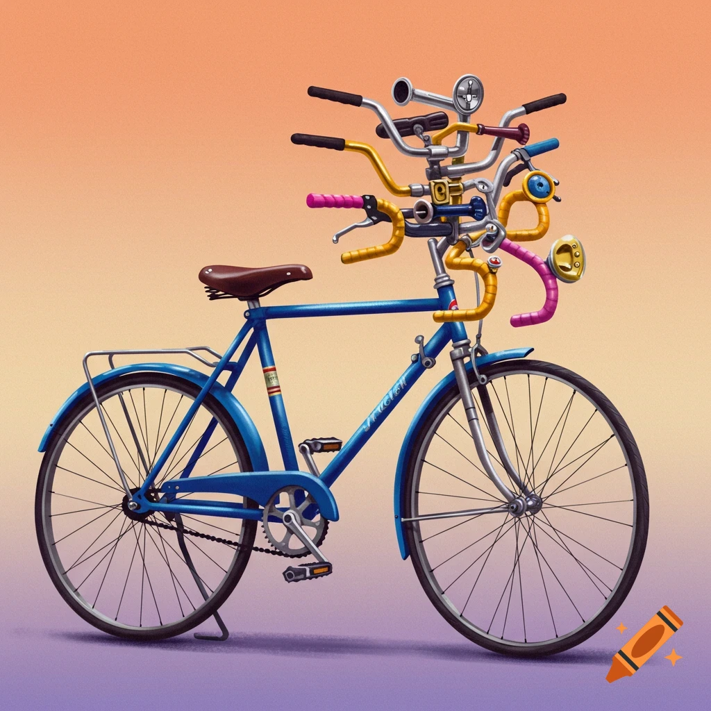 An illustration of a blue bicycle with many different handlebars attached.