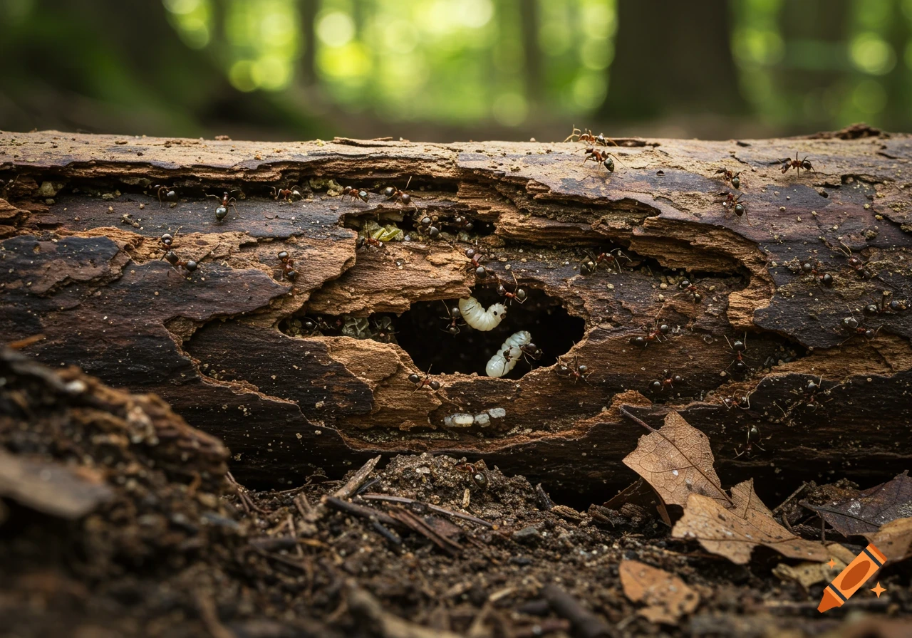 Close-up of ants and larvae in a decaying log in a forest