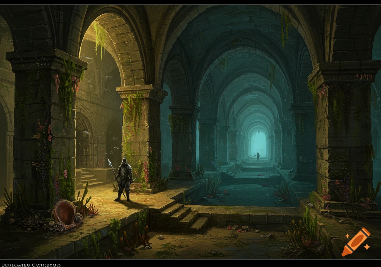 Figure in armor stands in ancient, flooded catacombs with mossy pillars and arches.