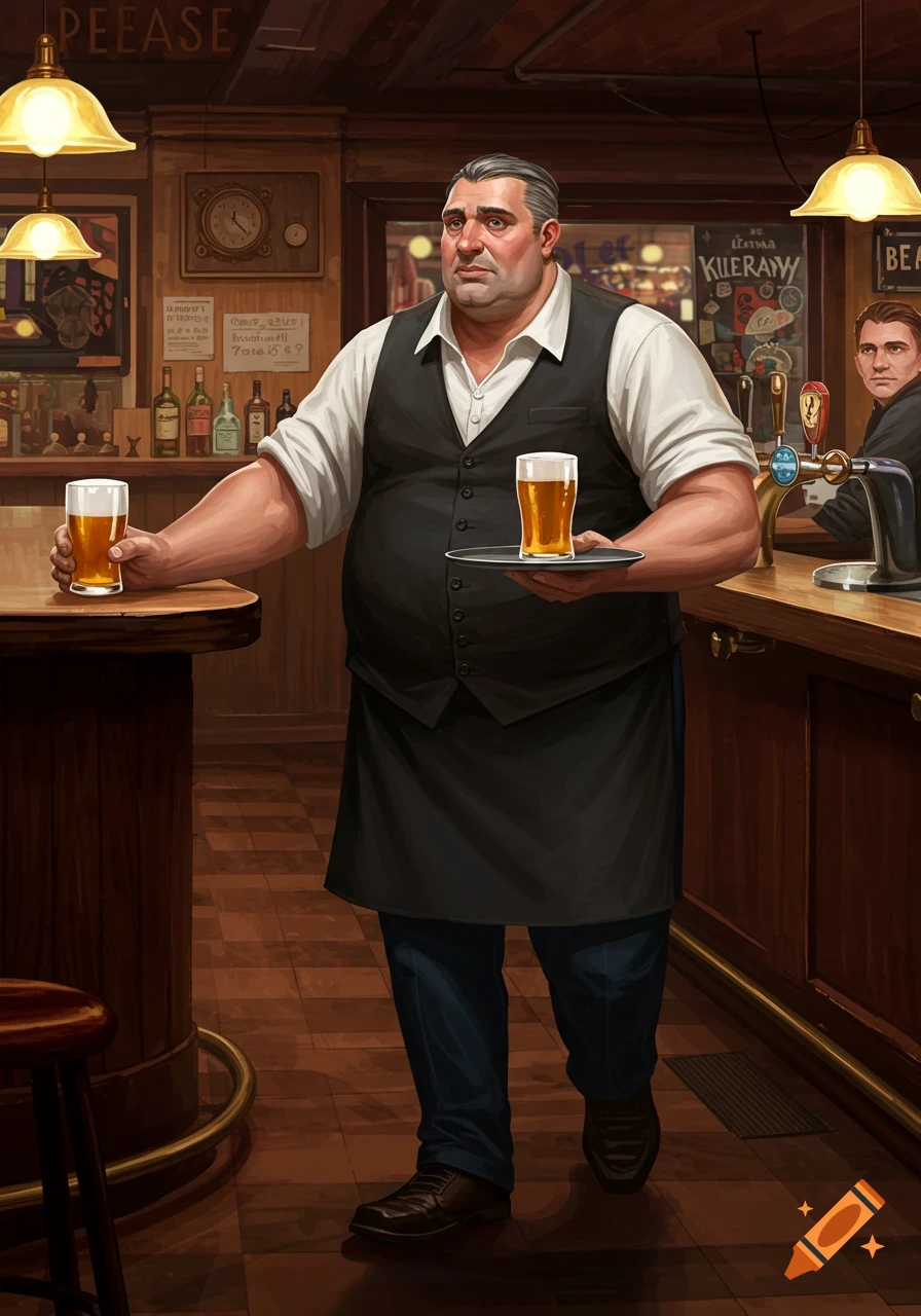 A man wearing a vest and apron carries two beers in a bar.
