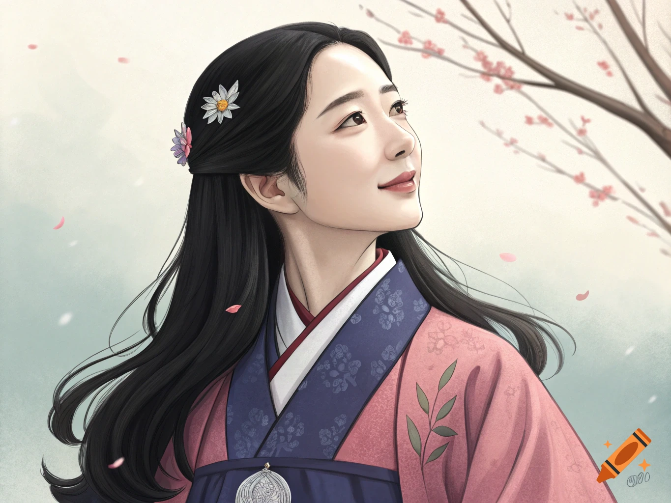 A woman in a pink and blue traditional Korean Hanbok smiles, looking up at cherry blossoms.