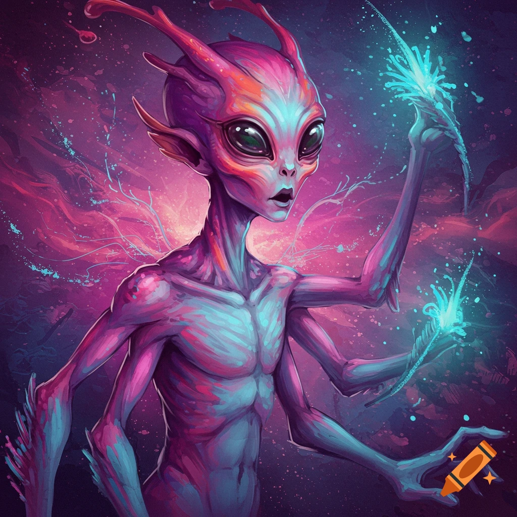 A multi-limbed alien with pink and blue skin stands in a cosmic background.
