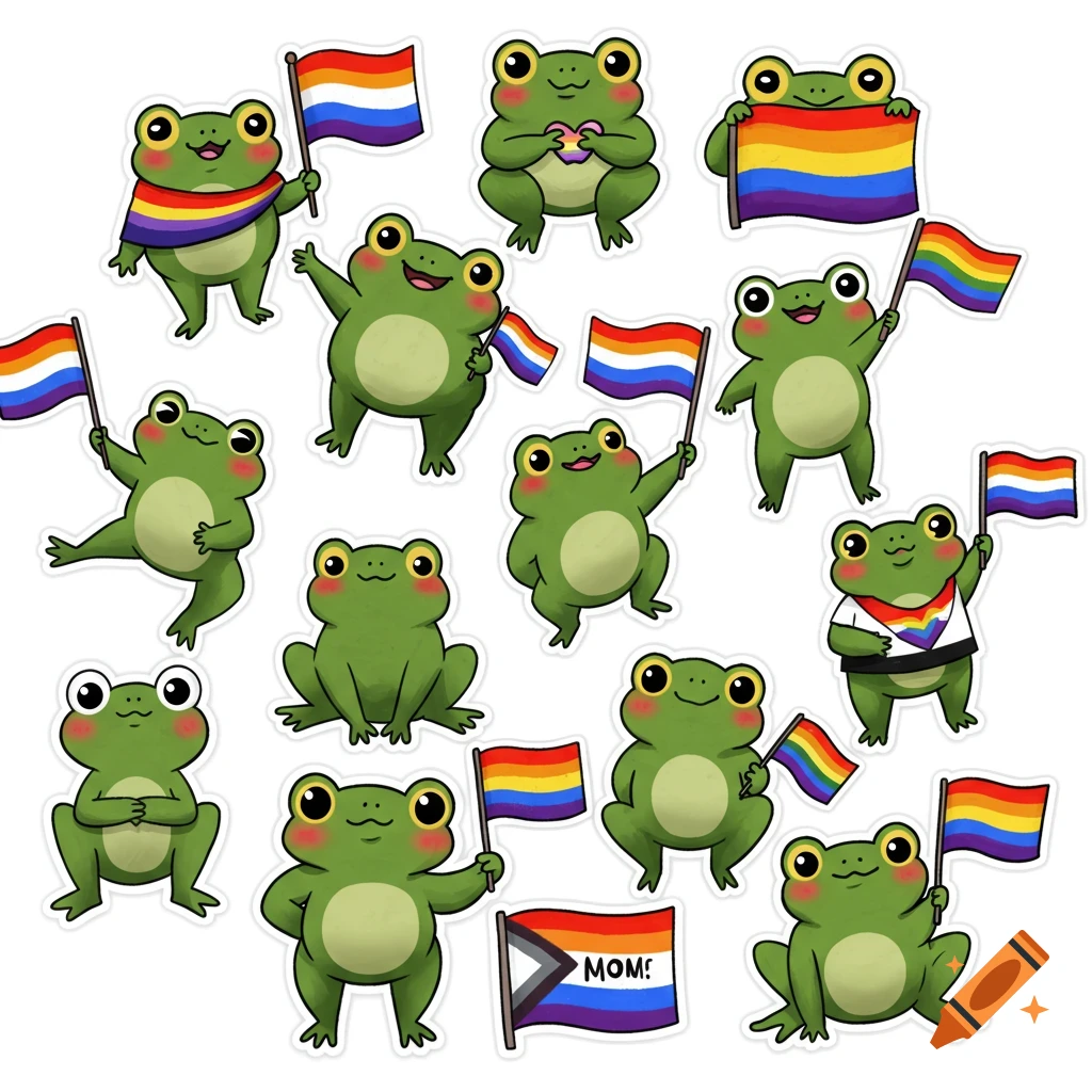 Multiple cartoon frogs holding various pride flags and wearing rainbow accessories in a sticker style.