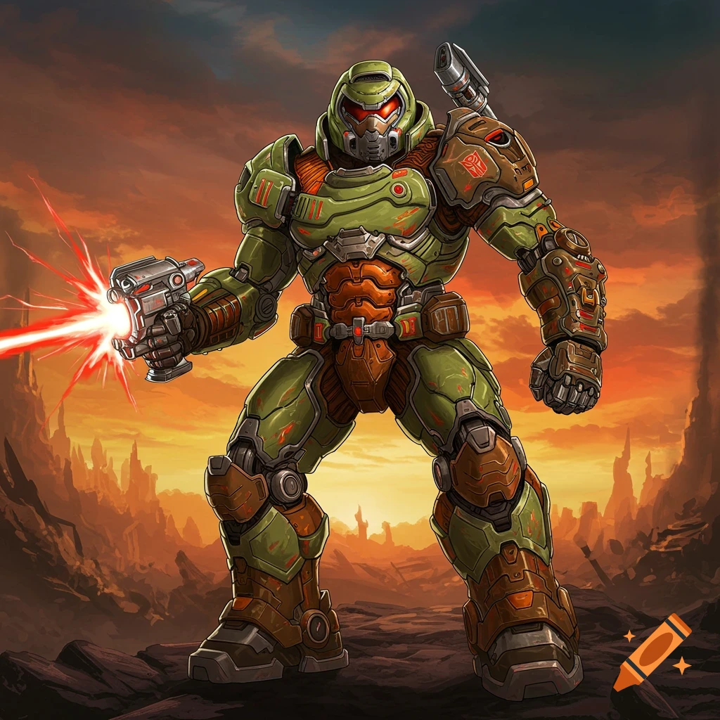 Stylized drawing of a character in green and orange sci-fi armor, resembling Doomguy crossed with a Transformer, firing a laser in a rocky landscape.