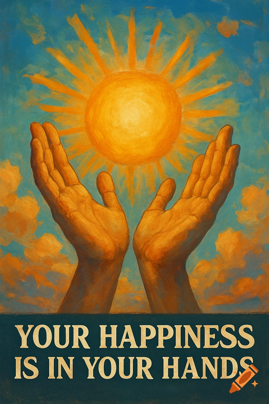 Painted image of two hands raising up towards a bright sun with text at the bottom reading "YOUR HAPPINESS IS IN YOUR HANDS".