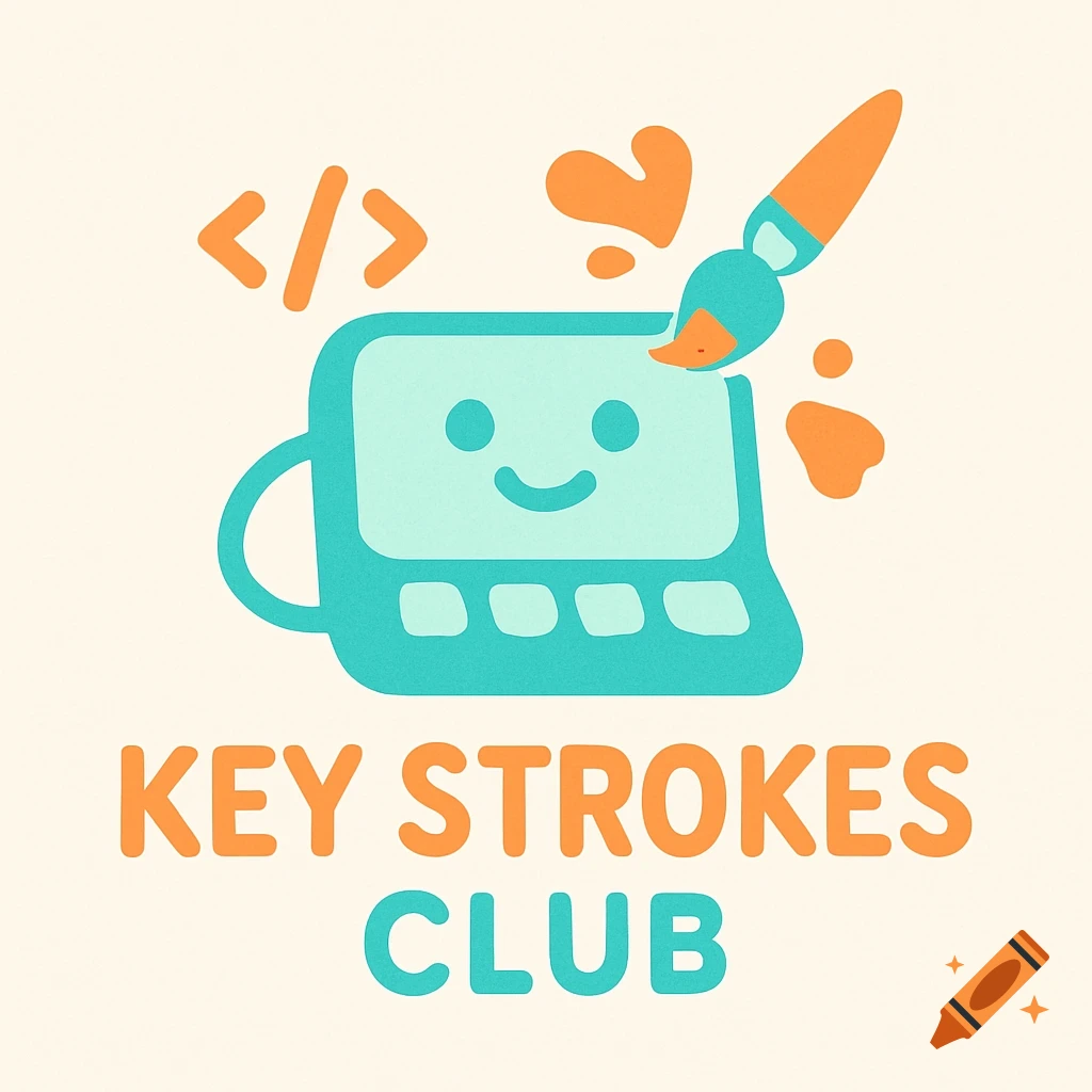 Illustration logo with cartoon computer, paint brush, code symbols, and 'KEY STROKES CLUB' text.