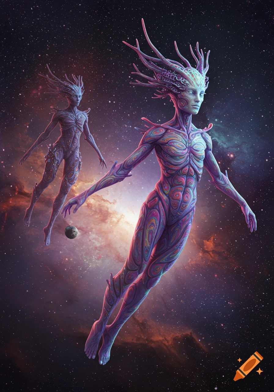 Two colorful alien figures float in space against a nebula and stars.