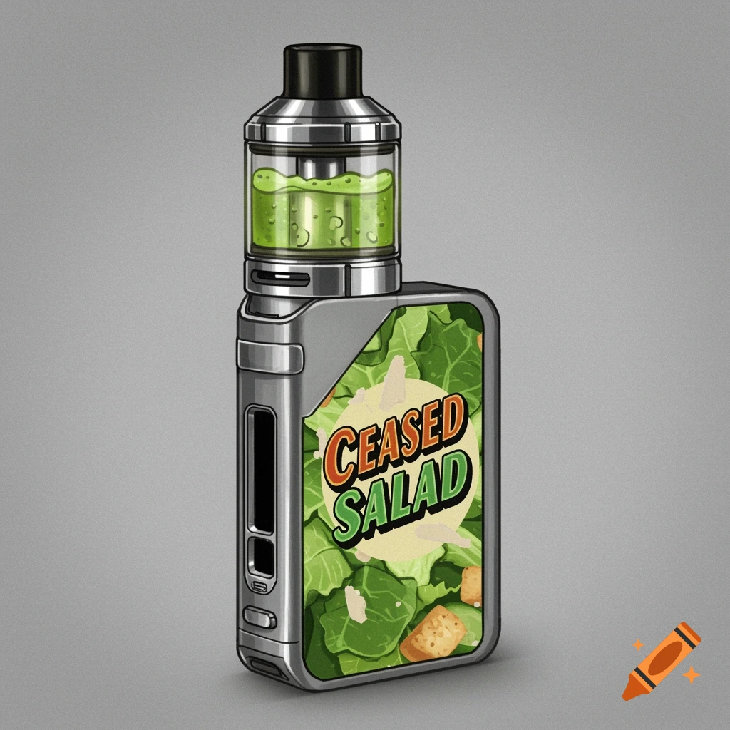 A stylized illustration of a vape mod decorated with a caesar salad theme  and the text 