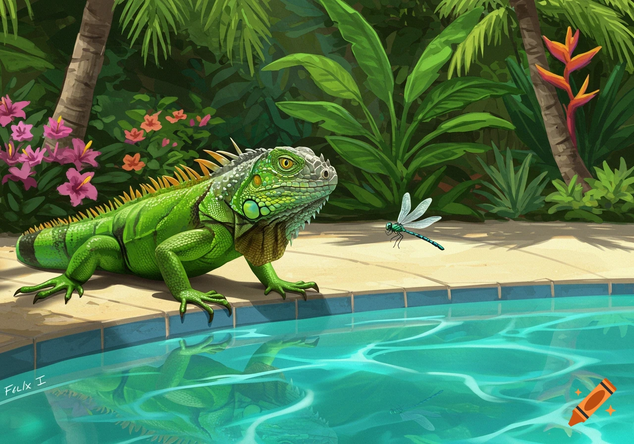 A green iguana looks at a dragonfly by a swimming pool with tropical plants.