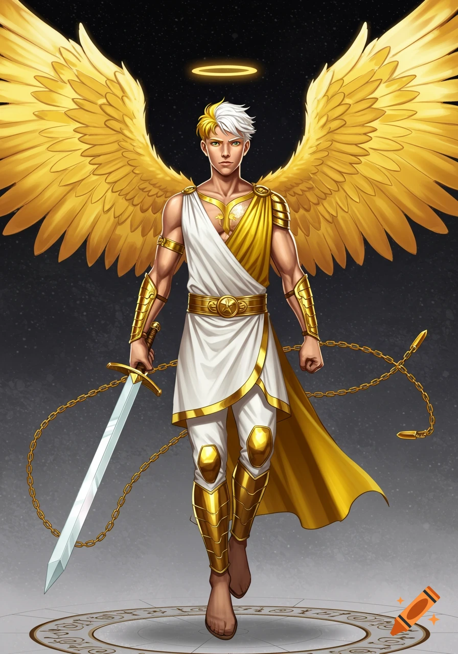 Anime style fantasy illustration of a male angel figure with gold wings, armor, holding a sword and chain.