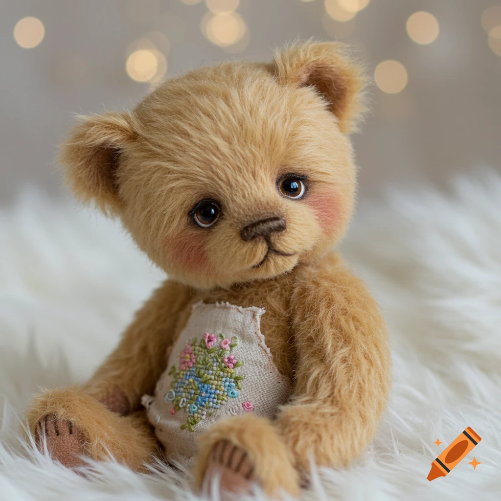 A detailed photo of a cute fluffy teddy bear wearing an embroidered bib.