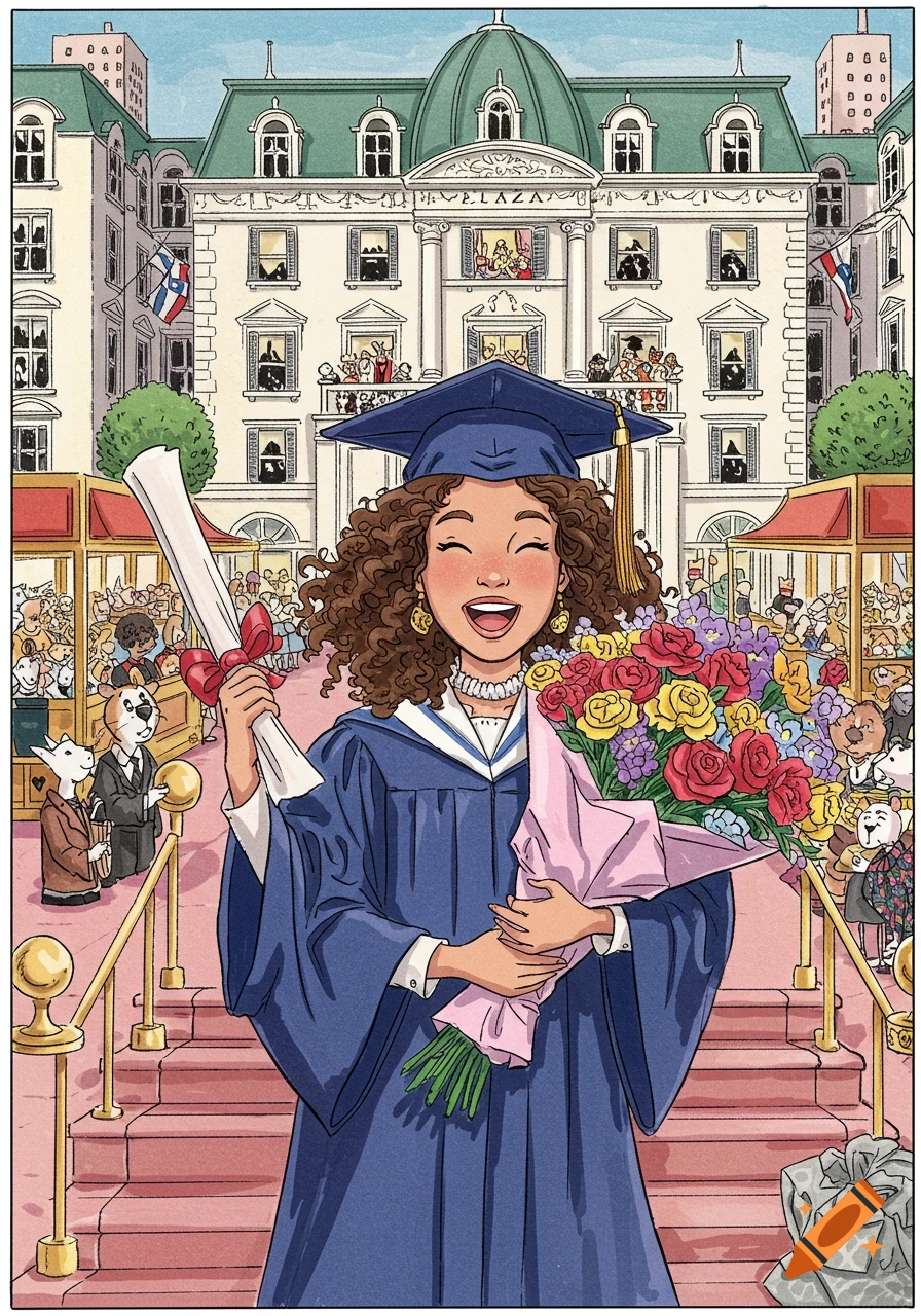 Cartoon of woman graduating at The Plaza with diploma, flowers, and crowd.