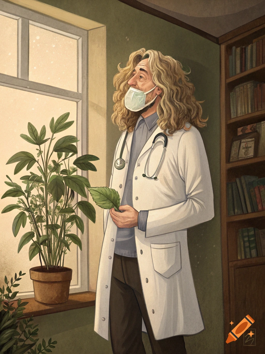 Illustration of person with long curly hair in doctor coat and mask holding a leaf by a window with a plant.