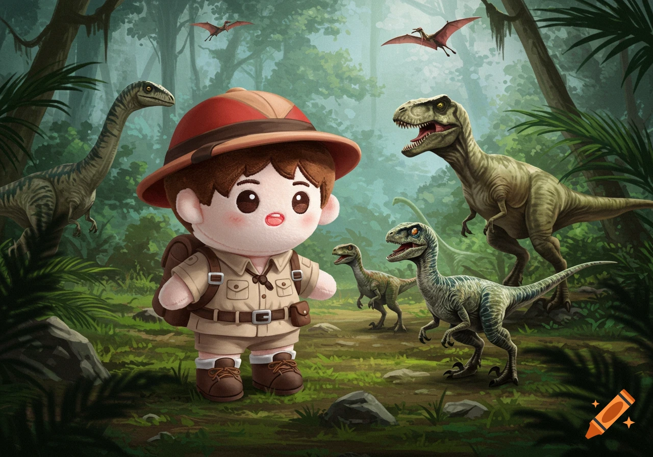 A cute plush toy explorer stands in a jungle surrounded by dinosaurs.