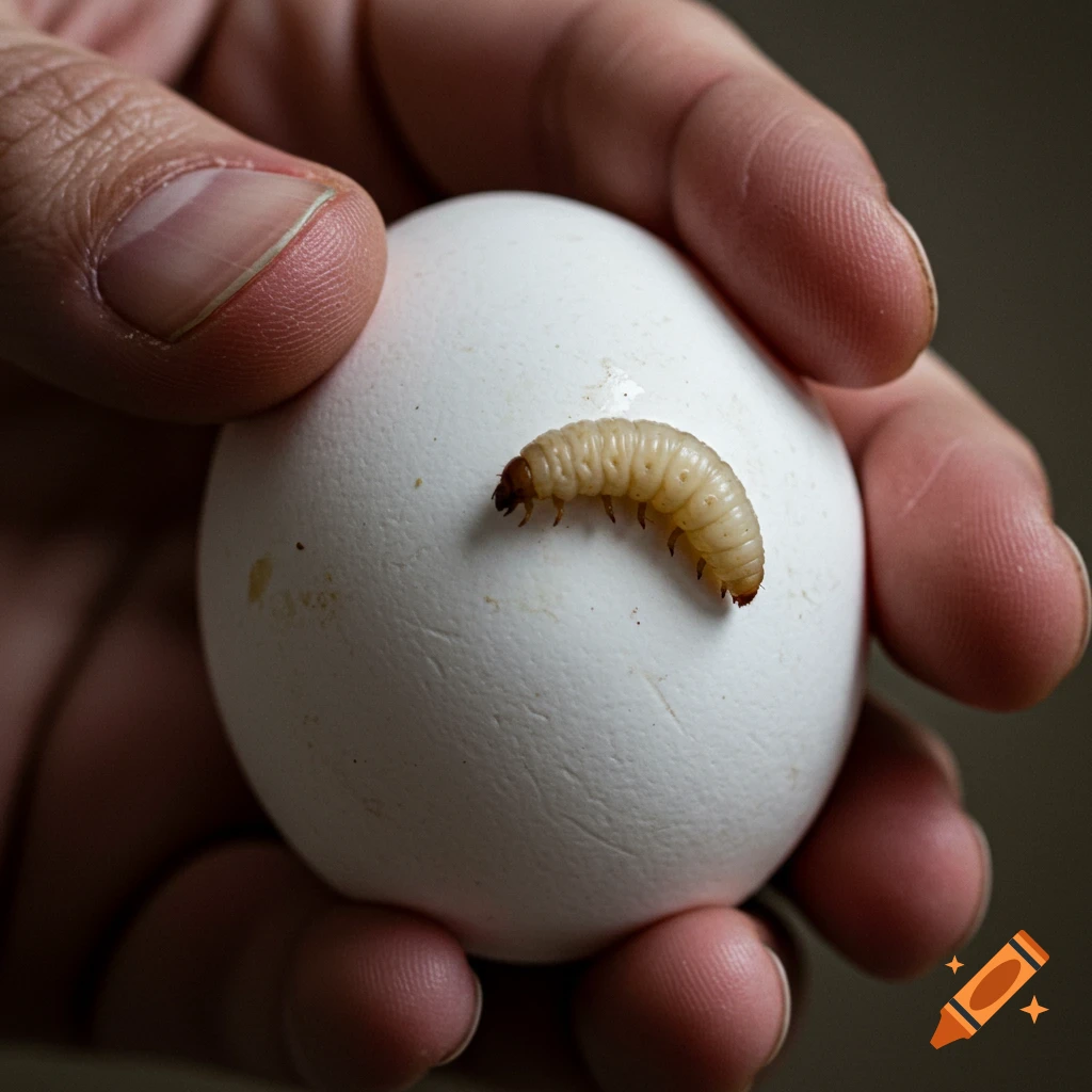 Close-up of a hand holding a white egg with a small larva on the shell.