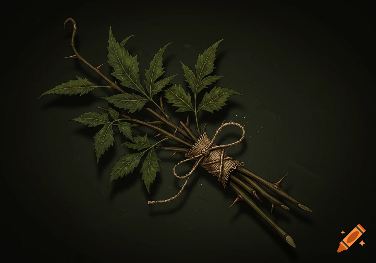 Dark gothic illustration of a thorny plant cutting tied with jute on a dark background.