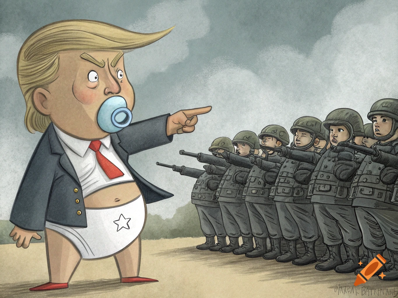 Cartoon caricature of a baby-like Trump in a diaper and suit, with a pacifier, pointing at a line of soldiers who are pointing rifles.