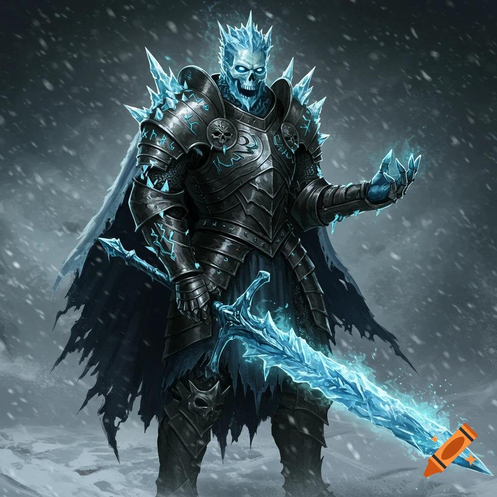 An icy undead knight in black armor holding a glowing ice sword in a blizzard.