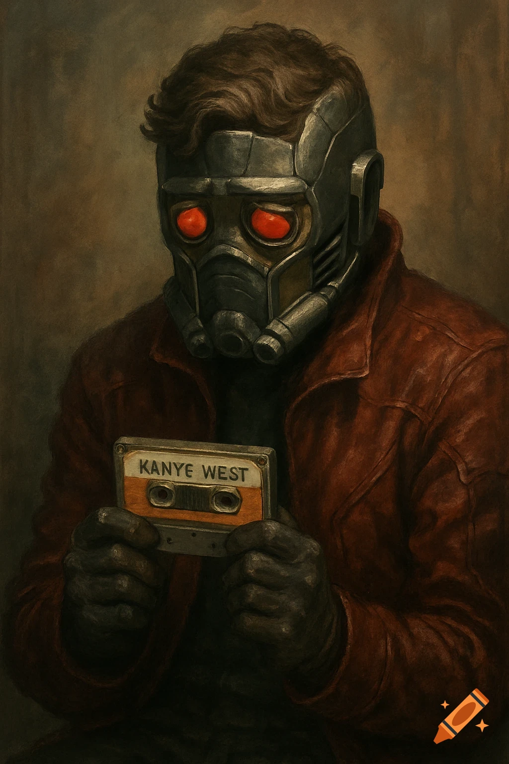 Stylized portrait of Star-Lord holding a Kanye West cassette tape