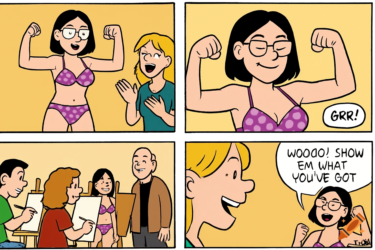 A comic strip where a woman in a bikini flexes, poses for an art class, and is cheered on by a friend.