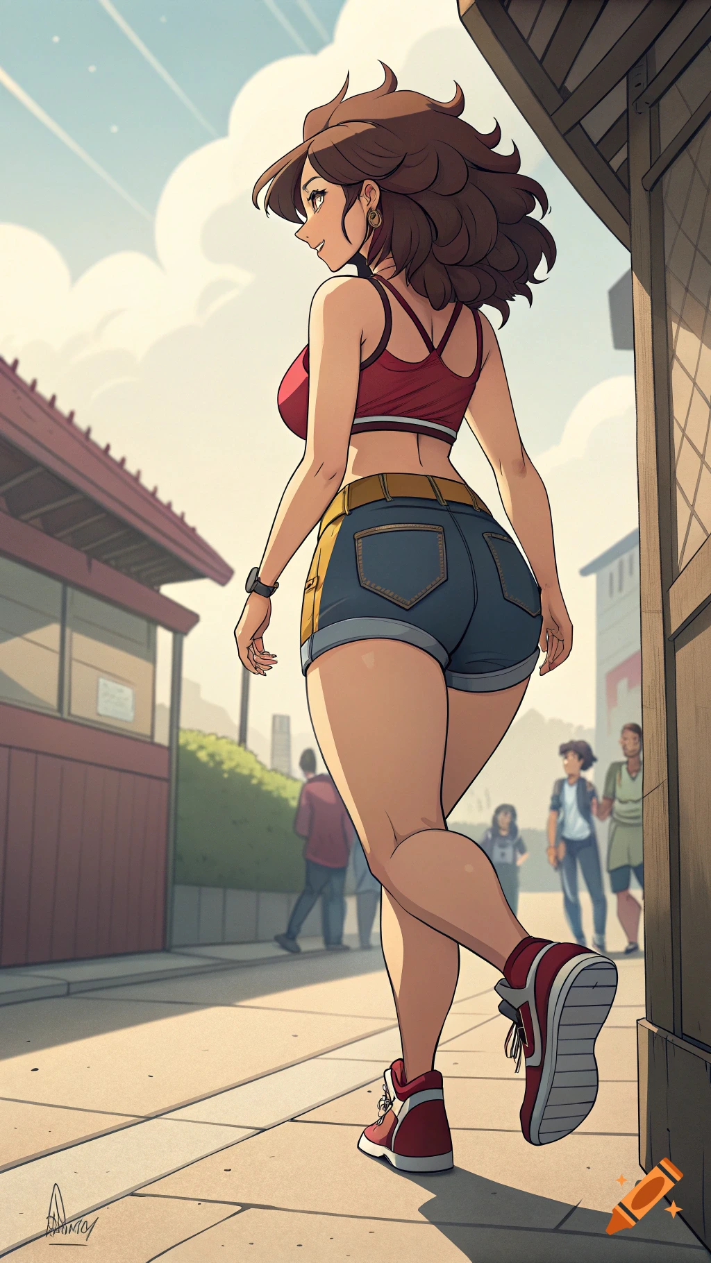 An anime style image of a woman in a red crop top and denim shorts walking away on a street.