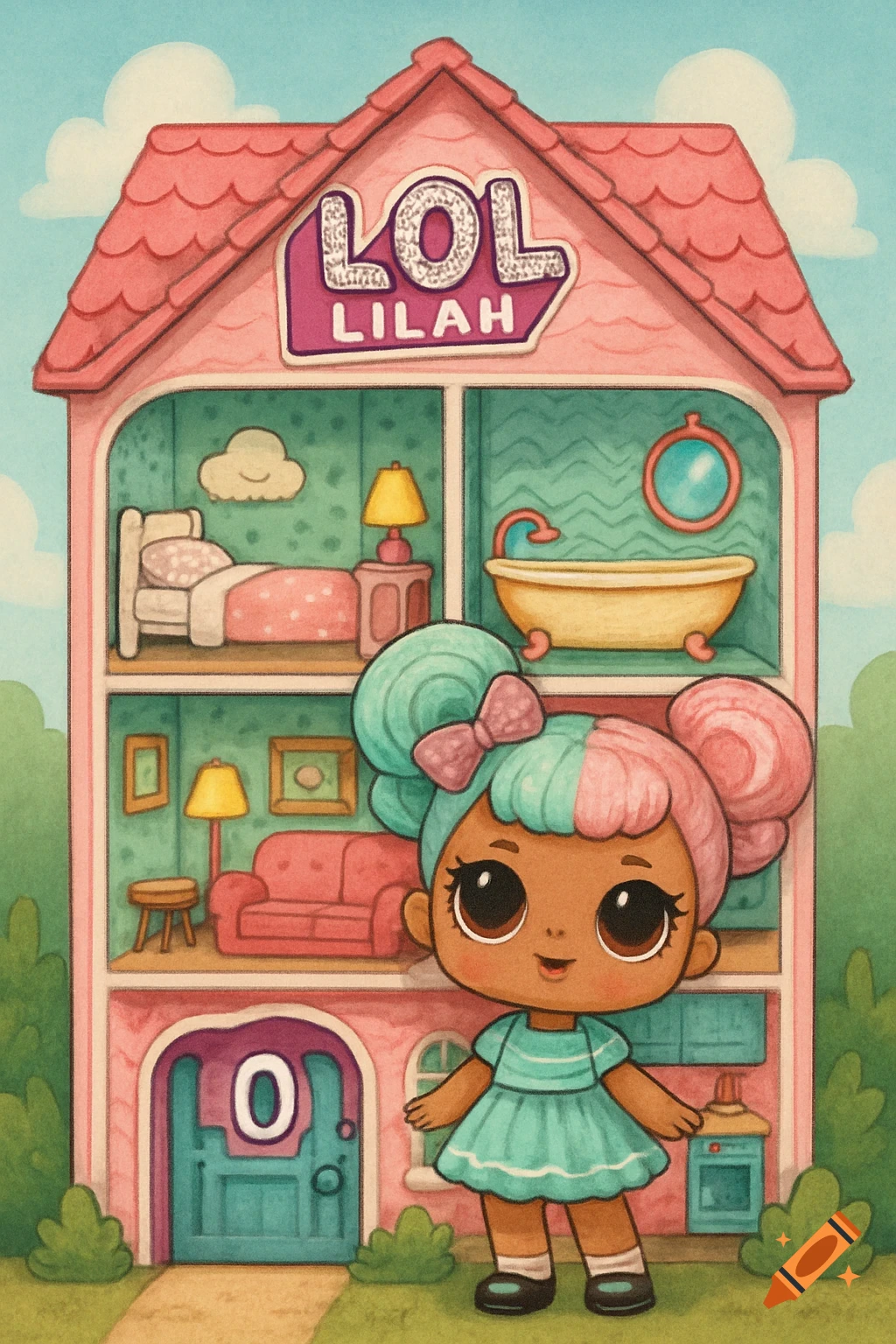 Illustration of a two-story pink dollhouse with a sign saying 'LOL Lilah' and a doll with two-tone hair standing in front.