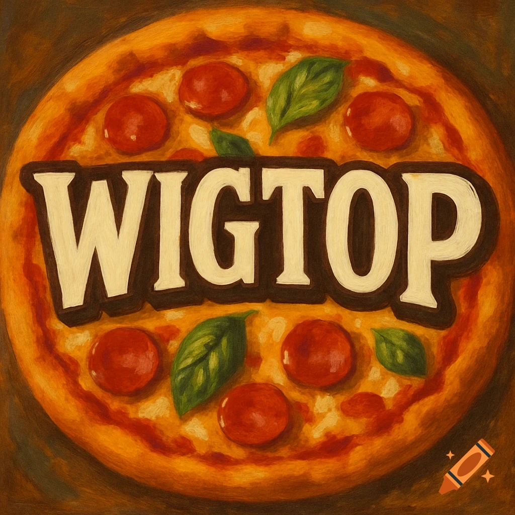 Illustration of a pizza with 'WIGTOP' text on it.