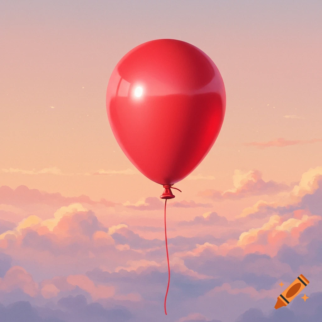 A red balloon floats in a cloudy sky at sunset.