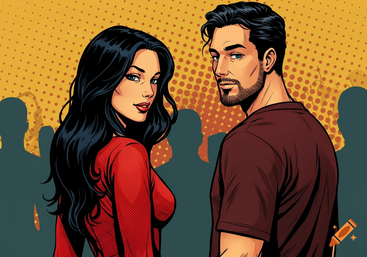 Pop art illustration of a man and woman looking at each other.