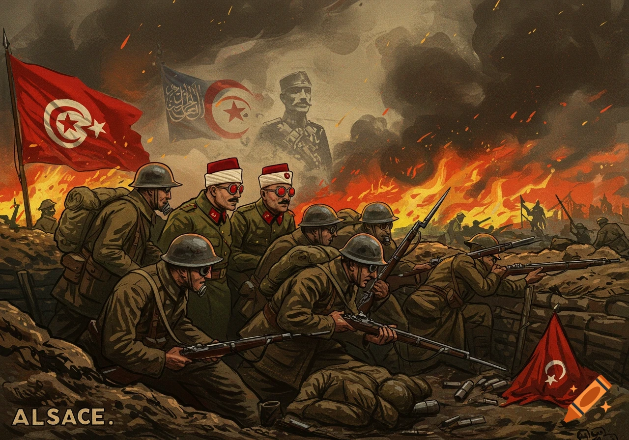 Stylized WWI propaganda poster shows soldiers in a trench battle under flags, with fire and smoke.