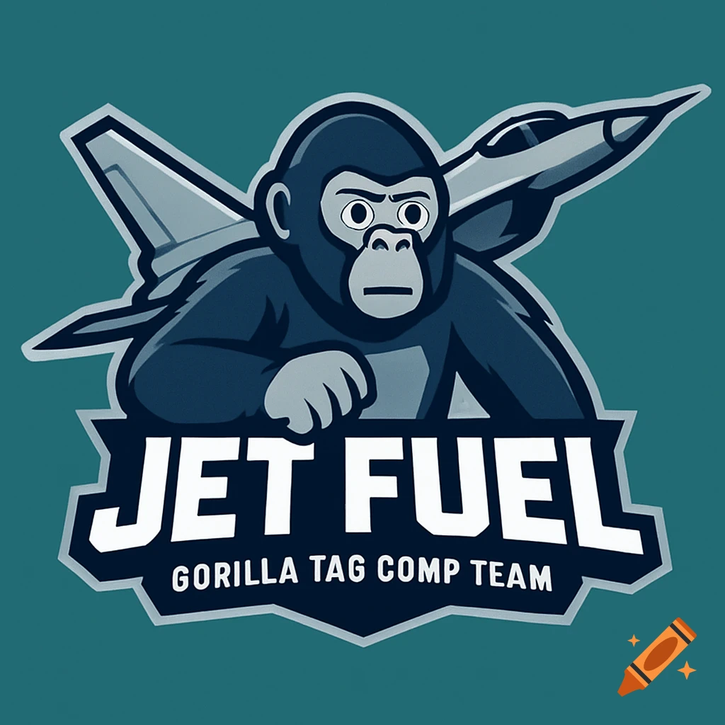 Logo of a cartoon gorilla wearing jet wings with the text "Jet Fuel Gorilla Tag Comp Team".
