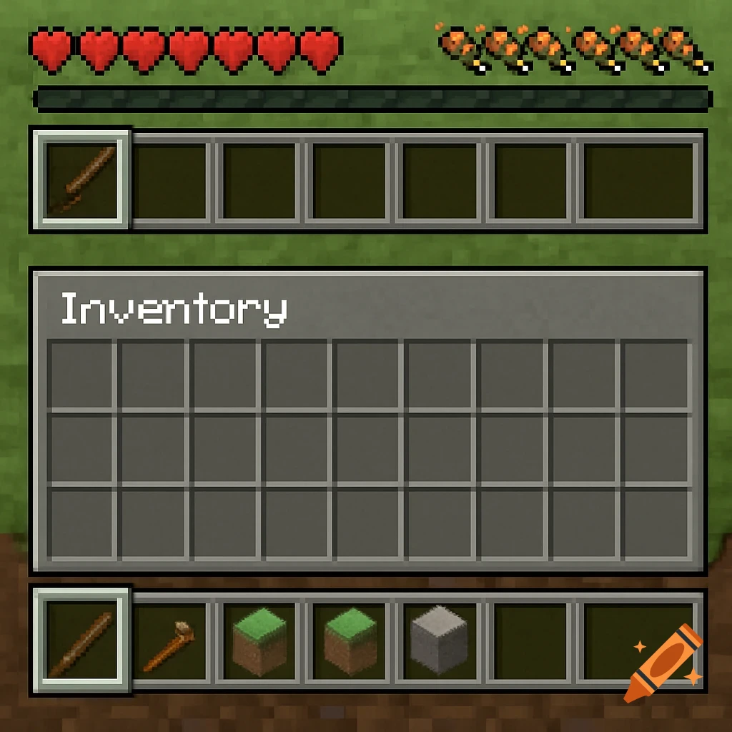 Minecraft inventory screen showing hearts, hunger bar, hotbar, and inventory slots.