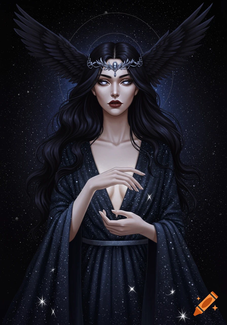 Digital painting of a fantasy goddess with black wings, a crown, and a star-patterned dress against a space background.