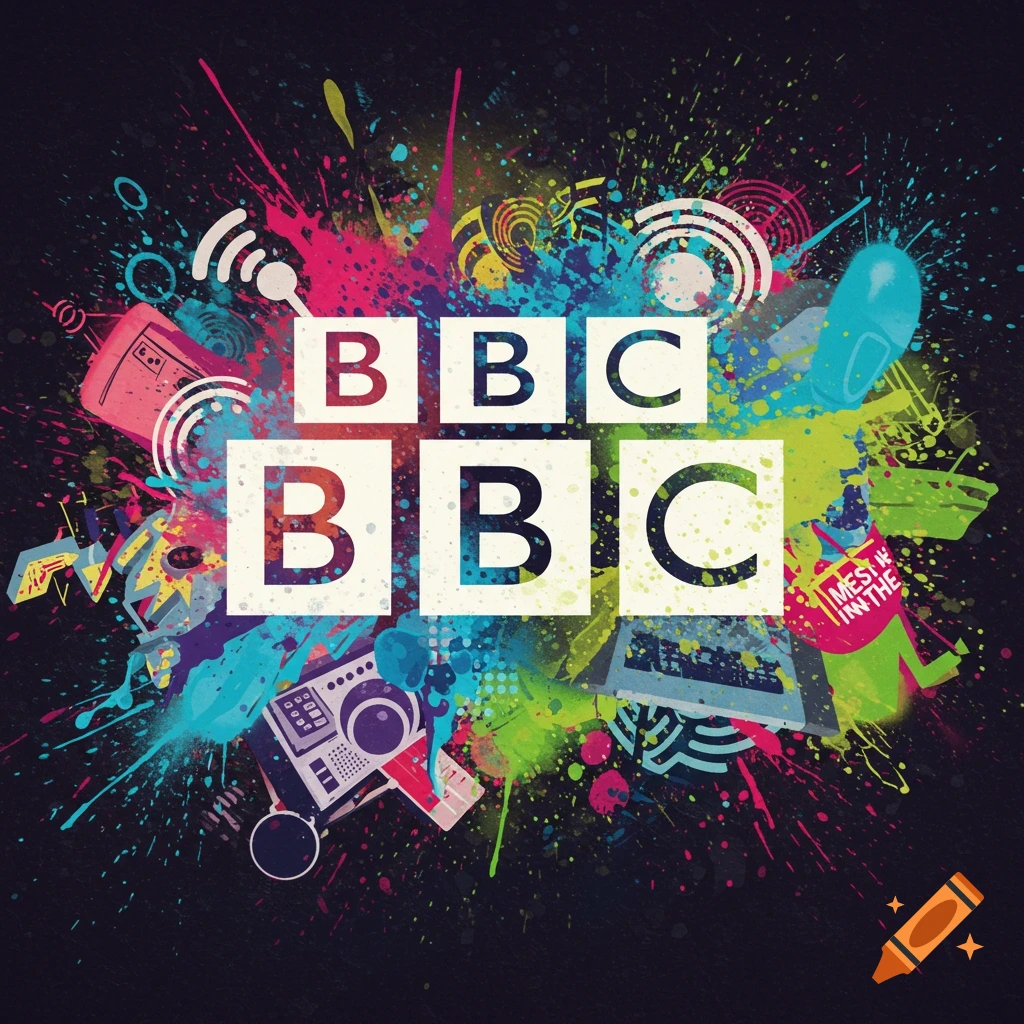 Graphic design featuring large BBC logos against a splash of colorful paint and abstract shapes representing media objects like a radio and microphone.